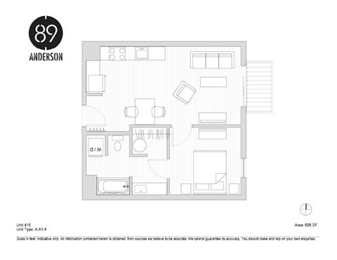 Floor plan for 1 bed, 1 bath, 606 sqft